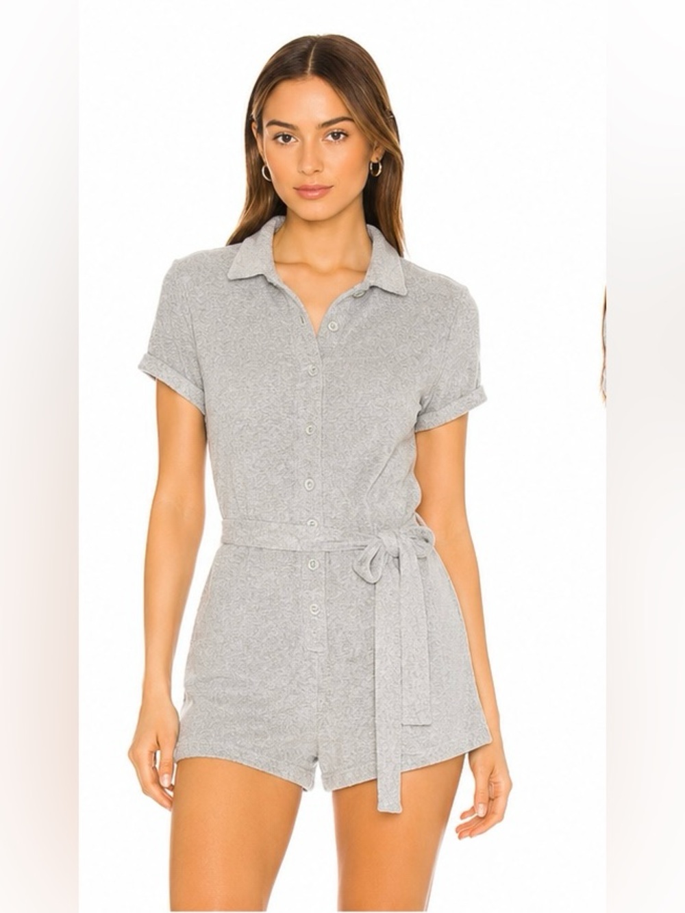Reformation Light Heather Gray Button Romper with Tie